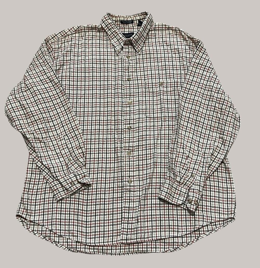 Vintage Van Heusen Premium Flannel Shirt Mens XL Tan Brown Plaid Cotton